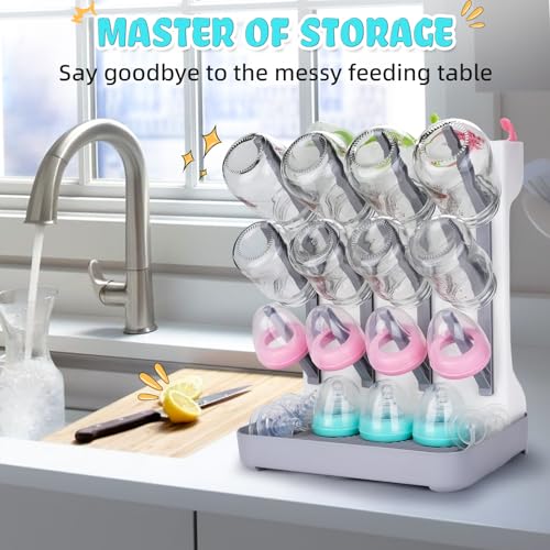 Baby Bottle Drying Rack: Space Saving Vertical Bottle Drying Holder with Brushes Holder - Large Bottle Storage Holder Organizer 12 Bottles & Baby Accessories,BPA-Free, Gray - color: Gray