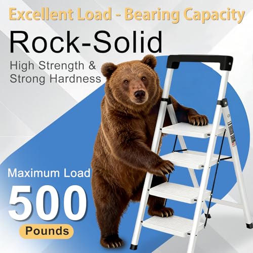 4 Step Ladder with Handrail Folding Step Stool with Tool Tray | 500LBS Capacity Sturdy Carbon Steel Frame Anti-Slip Stripe Pedal for Home Kitchen Garage (white-4step) - color: White-tool, size: 4 step