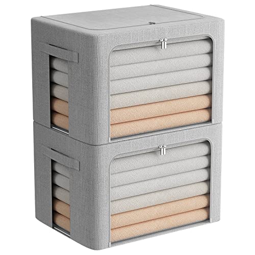 FHSQX 2 Pack Clear Window Storage Bins - Large Stackable Linen Fabric Storage for Clothes Foldable Container Organizer Set with Carrying Handles (Light Gray, 23.6x 16.5x 15.7 Inch) - color: Light Gray, size: 23.6x 16.5x 15.7 Inch
