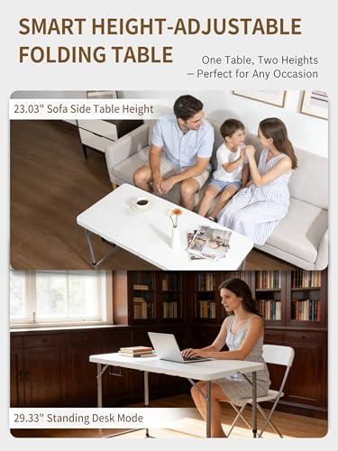 Folding Camping Table 4 Foot Adjustable Height 350lbs, 4FT Folding Picnic Card Table for Outdoor, Plastic Rectangular Dining Work Tables for Indoor, Heavy Duty Fold-in-Half Tray Tables - size: 4 FT