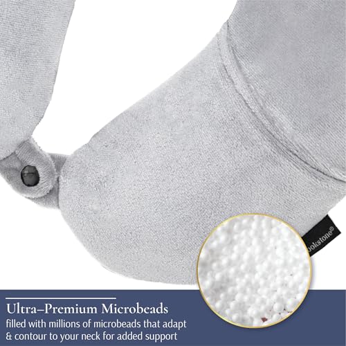 Brookstone Microbead Neck Pillow - Super Soft Cozy Lightweight Plush Travel Pillow with Phone or Headphone Pocket, Grey - color: Grey