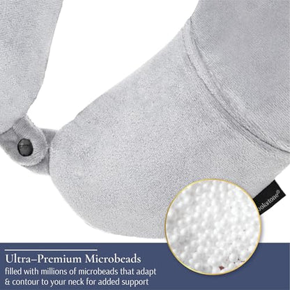 Brookstone Microbead Neck Pillow - Super Soft Cozy Lightweight Plush Travel Pillow with Phone or Headphone Pocket, Grey - color: Grey