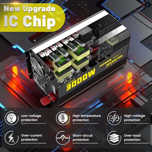 3000 Watt Modified Sine Wave Power Inverter, 12V DC to AC 110V/120V (Peak) 6000W Converter 3 Outlet Car Inverter with Remote Control and LED Display 3.4A USB Port - size: SY-12V-3000