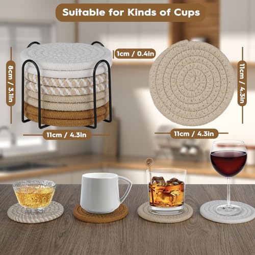 8 Pcs Drink Coasters with Holder, Boho Minimalist Cotton Woven Coasters Set for Drinks Absorbent Coffee Table Home Decor Bar Tabletop Protection, Suitable for Kinds of Cups 4.3 Inch