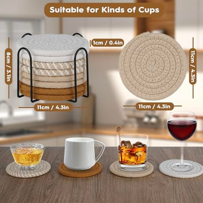 8 Pcs Drink Coasters with Holder, Boho Minimalist Cotton Woven Coasters Set for Drinks Absorbent Coffee Table Home Decor Bar Tabletop Protection, Suitable for Kinds of Cups 4.3 Inch