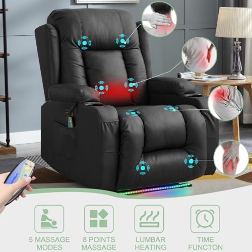 TUNYI Power Recliner Sofa with Massage & Heat Home Theater Seating with Console RV Recliner Sofa with USB/Storage/Side Pocket/LED Light (Black, 1PC) - color: Black, size: 1 Seat
