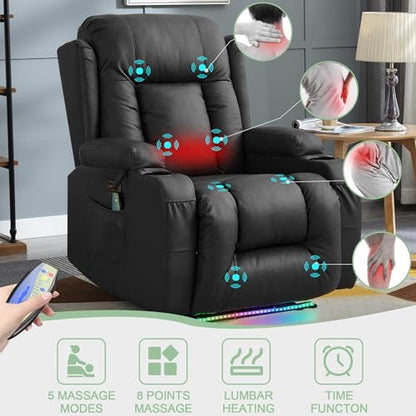 TUNYI Power Recliner Sofa with Massage & Heat Home Theater Seating with Console RV Recliner Sofa with USB/Storage/Side Pocket/LED Light (Black, 1PC) - color: Black, size: 1 Seat
