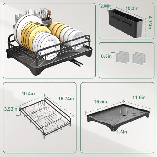 Dish Drying Rack for Kitchen Counter, Large Dish Drying Rack with Utensil Holder & Cutlery Tray, Dish Drainer with Drainboard, Black - color: 1 Tier - Black
