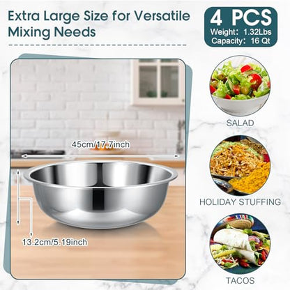 Nuogo 4 Pcs Stainless Steel Mixing Bowls Metal Mixing Bowls Extra Large Basin Salad Basin Deeper Edge Dishwasher Safe Mirror Finish for Home and Commercial, Silver (18 Inch 16 Qt) - size: 18 Inch (16 Qt)
