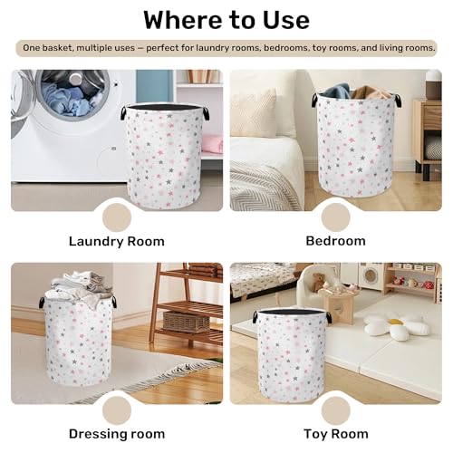 Cute Pink Stars Foldable Canvas Laundry Basket with Handles - Toy Organizer, Heavy Duty for Home，Bedroom, Dorm, Bathroom - color: Cute Pink Stars