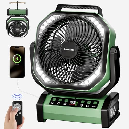 Socool Camping Fan with Light, 20000mAh Rechargeable Battery Fan with Remote, 112Hrs & 8 Speeds, Digital Display, Timer, Auto Oscillation, 270° Pivot & Hook for Outdoor Tent, Hurricane, Power Outage - color: Green, size: 8.5inch