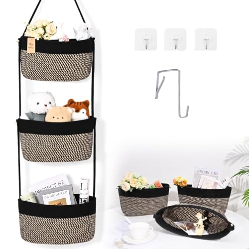 Hanging Basket, 3-Tier Woven Wall Basket with 4 Hooks, Cotton Rope Storage Baskets, Over the Door Organizer for Nursery, Bedroom, Cottage and Boho Wall Decor - color: Black, size: Premium