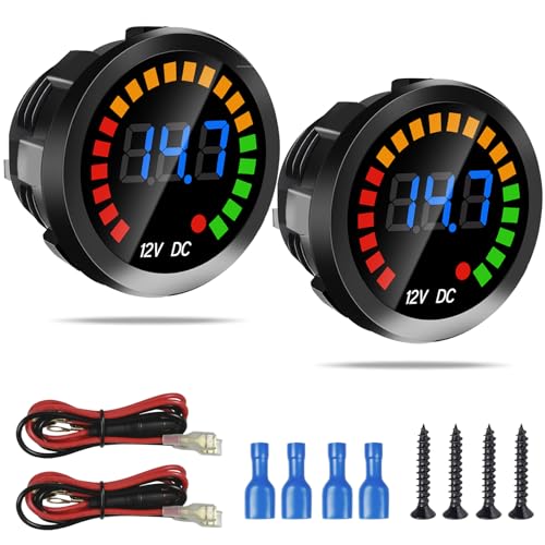 2PCS Waterproof DC 12V Voltage Meter, LED Digital Display Voltmeter Gauge Panel, Round Battery Monitor with Wires & Terminals & Srews, for Marine Car Automotive Vehicle Truck Boat RV ATV UTV - color: Black, size: 2P
