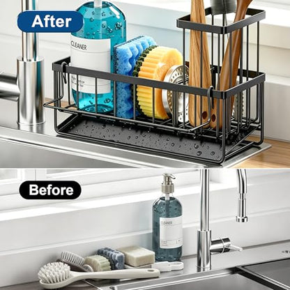Sponge Holder for Kitchen Sink, Kitchen Sink Caddy, Kitchen Sink Sponge Holder, Dish Sponge Holder, Kitchen Sink Organizer for Sponge, Dish Brush, Scrubber(9.65" x 3.74" x 6.3", Black) - color: Black