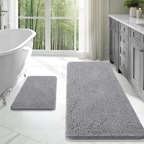 OLANLY Bathroom Rugs Sets 2 Piece, Soft Absorbent Chenille Bath Mats Area Rug Set, Non-Slip, Quick Dry, Machine Washable Bath Mats for Bathroom, Home Decor Accessories (47"x20"+24"x16", Grey) - color: Grey, size: 47" X 20" + 24" X 16"