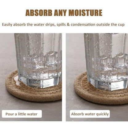 8 Pcs Drink Coasters with Holder, Boho Minimalist Cotton Woven Coasters Set for Drinks Absorbent Coffee Table Home Decor Bar Tabletop Protection, Suitable for Kinds of Cups 4.3 Inch