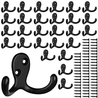 IBosins 28 Pack Heavy Duty Double Prong Coat Hooks Wall Mounted with 56 Screws Retro Double Hooks Utility Hooks for Coat, Scarf, Bag, Towel, Key, Cap, Cup, Hat - color: 28 Pcs Black