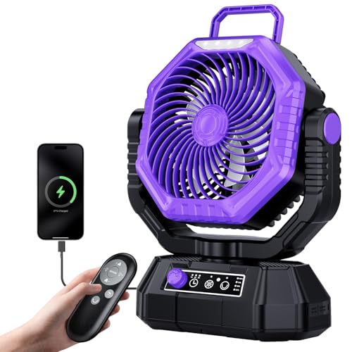 AJVV Camping Fan with Light, Remote and Oscillation, Battery Powered Hanging Tent Fan, Rechargeable Portable for Camp, Outdoor, Emergencies, Fishing, RV Travel, Jobsite - color: Purple