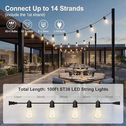 100FT LED Outdoor String Lights - 52 Shatterproof ST38 Edison Bulbs - Waterproof Patio Decor for Outside - Dimmable Bistro Cafe Hanging Lights - size: 100FT