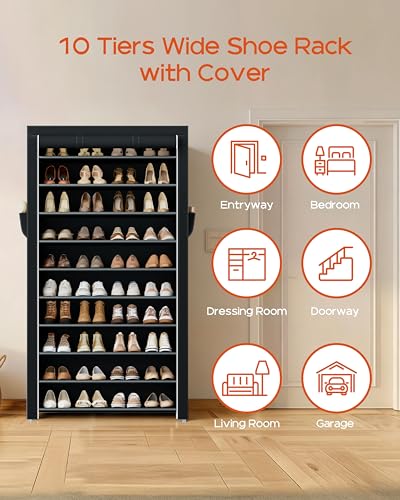 CASAMAYA Shoe Rack with Covers, 10 Tiers Tall Shoe Rack Organizer, Large Capacity Shoe Shelf Storage, Hold 40 Pairs of Shoes, Vertical Shoe Storage Organizer for Closet, Entryway, Black, SRT104B01 - size: 30.1"W - 10 Tier