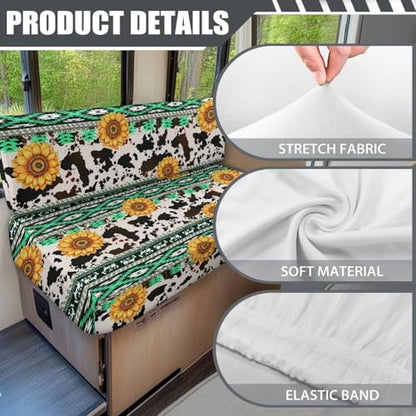 RV Dinette Cushion Covers - Aztec Cow Sunflower Dustproof Camper Sofa Replacement Couch Cushion Slipcovers Washable Camper Seat Bench Protector for Travel Trailer Couch - color: Aztec Cow Sunflower
