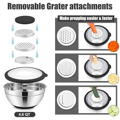E-far Mixing Bowls with Lids Set, 15PCS Stainless Steel Mixing Nesting Bowl with Colander & 3 Metal Grater for Kitchen Prep/Baking/Storage, Non-Slip Bottom & Airtight Lid, 4.6, 3, 1.5, 1, 0.7QT, Black - color: Black