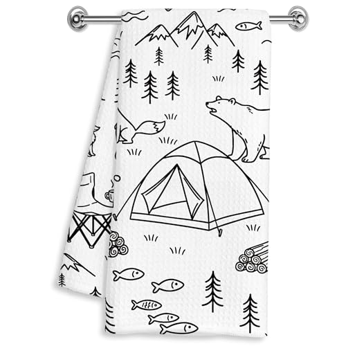 Camper Gifts Hand Dish Tea Towels for Kitchen Bathroom RV Decor 16x24 Inches, Gifts for Camping Lovers, Black and White Camping Kitchen Towels Decorative - color: Woodland Camping