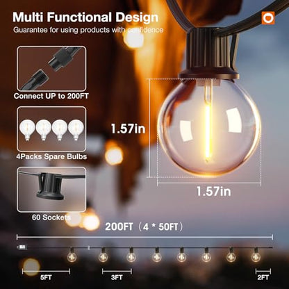 addlon 200FT Outdoor String Lights G40 with Remote Control, Dimmable Patio Globe LED Lights Waterproof Shatterproof, Hanging Outside Lighting for Backyard, Garden, Deck, Balcony, Porch, Café, Bristo - size: 200FT