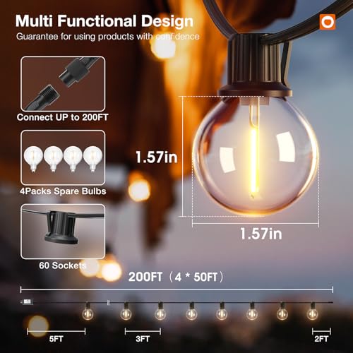 addlon 200FT Outdoor String Lights G40 with Remote Control, Dimmable Patio Globe LED Lights Waterproof Shatterproof, Hanging Outside Lighting for Backyard, Garden, Deck, Balcony, Porch, Café, Bristo - size: 200FT