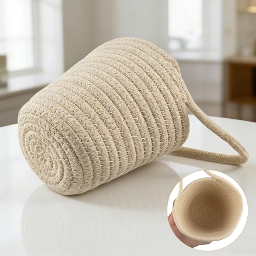 4 Pack Hanging Woven Basket, Small Hanging Basket for Wall, Boho Style Cotton Rope Storage Organizer, Woven Wall Baskets for Home Decor (Beige, 5.5" x 5.5")