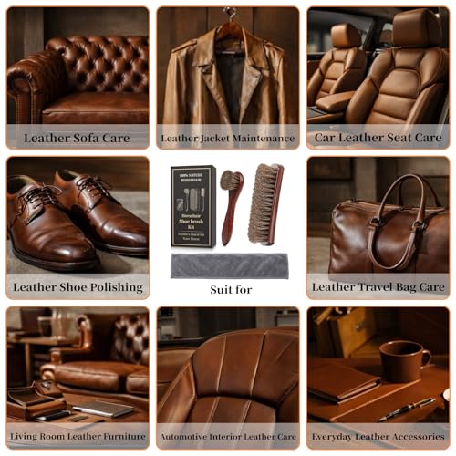 3PCS 100% Horse Hair Shoe Brush Set for Leather Boots Horsehair Brush for Polishing Cleaning Buffing Professional Shoe Shine Kit for Men Suede Boot Care Conditioner Accessories Tool