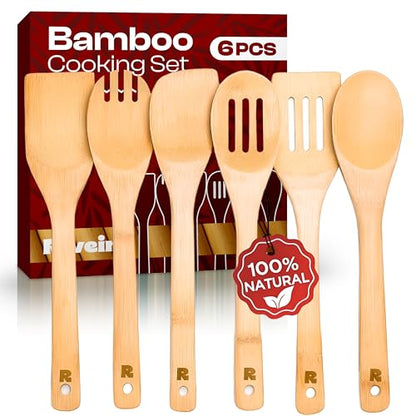 Riveira Bamboo Cooking Spoons 6-Piece – Wooden Cooking Utensils Set with Wooden Spoons for Cooking & Spatulas Wooden Utensil Sets – Premium Kitchen Utensils Set – Durable First Apartment Essentials - color: Bamboo Natural, size: Set of 6