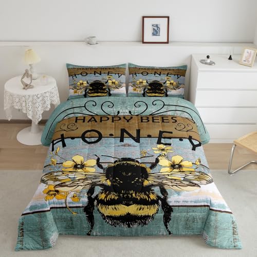 Feelyou Yellow Bee Comforter Set for Girls Boys Honeycomb Bee Comforter Queen Bee Wooden Texture Bedding Set Cute Bee with Flower Duvet Set 2Pcs with 1 Pillow Case Twin Size Boys - color: Multi D2101, size: Twin
