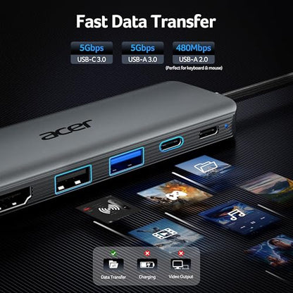 Acer USB C Hub, 5-in-1 USBC to HDMI Adapter with 4K@60Hz, 100W Power Delivery, USB-C 5Gbps & USB-A 3.0 Data Ports, USBC Splitter Docking Station for MacBook Neo/Pro/Air, iPad Pro, iPhone 17 Pro Max