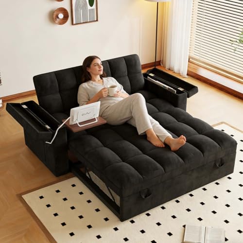 65" Foldable RV Love Seat Sofa, Modern Velvet Pull Out Couch with Table Board and UAB, Convertible Love Seat Sofa Bed with Adjustable Back and Pillow for Living Room, Small Spaces(Black, 2 Seat) - color: Black, size: 2 Seat