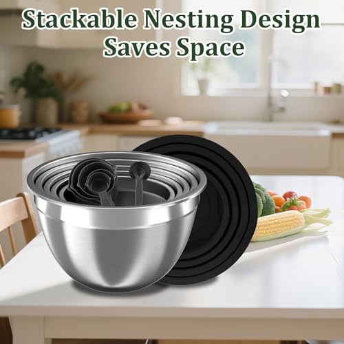Nicdiet Mixing Bowls with Lids Set, 16PCS Stainless Steel Mixing Bowls,Nesting Storage Bowls for Kitchen with Mixing Bowl, Colander, Strainer & Grater, Metal Salad Bowl for Kitchen Gadgets, Black - color: Jet Black
