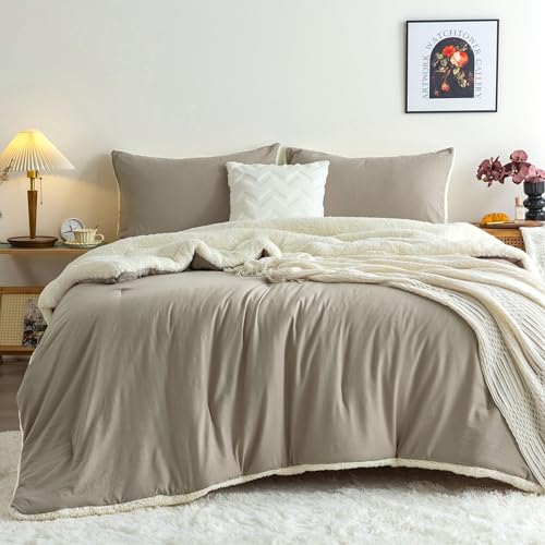 COTTEBED Fluffy Sherpa Warm Winter Comforter King Size Bed, Reversible Plush Fleece Sherpa California King Down Comforter Sets Pillow Sham, Cozy Ultra-Soft Thick Washed Cotton Bedding Set, Beige White - color: Beige and White, size: King/Cal King(Sherpa)