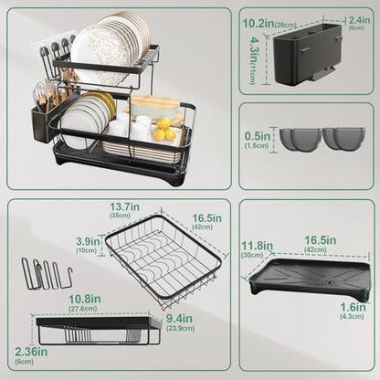 Dish Drying Rack, 2-Tier Large Dish Drying Rack for Kitchen Counter – Space Saving Dish Drainer Organizer with Utensil Holder and Cutlery Tray, Black - color: 2-tier - Black