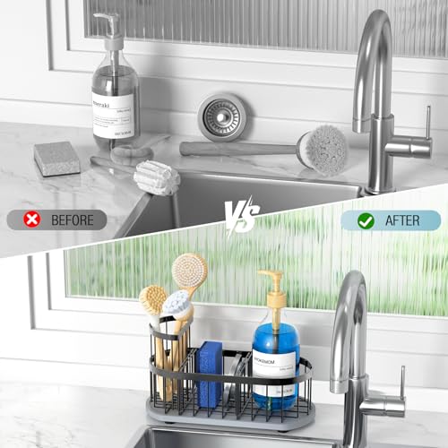 Sponge Holder for Kitchen Sink with High Brush Holder, [Stay-Dry Anywhere & No Drainage Needed] Rustproof Stainless Steel Kitchen Sink Caddy Organizer with Water Absorbing Stone Tray, Black - color: Black