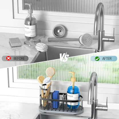 Sponge Holder for Kitchen Sink with High Brush Holder, [Stay-Dry Anywhere & No Drainage Needed] Rustproof Stainless Steel Kitchen Sink Caddy Organizer with Water Absorbing Stone Tray, Black - color: Black