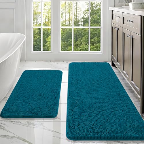 OLANLY Bathroom Rugs Sets 2 Piece, Soft Absorbent Chenille Bath Mats Area Rug Set, Non-Slip, Quick Dry, Machine Washable Bath Mats for Bathroom, Home Decor Accessories (47"x20"+30"x20", Peacock Blue) - color: Peacock Blue, size: 47" X 20" + 30" X 20"