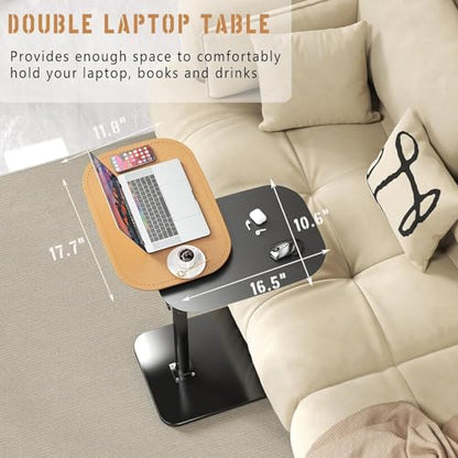 C Shaped Side Table,Adjustable Height C Shaped End Table,360°Swivel Couch Tables that Slide Under,Double Tabletop Under Couch Table for Living Room,Bedroom,Small Spaces