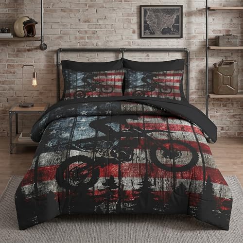 WeCozy 5 Pcs Twin Size Comforter Set with Pillowcase & Sham, American Flag Wood Vintage Motocross Bedding for Kids and Adults, America Motorcycle Bed in a Bag with Flat Fitted Sheet - color: Retro Flag, size: Twin