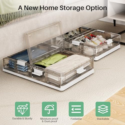 Kitstorack Clear Plastic Under Bed Storage Containers Bins with Lids and 8 Pre-installed Wheels,37.8 Qt, Rolling Foldable Flat Under Bed Organizer Boxes for Clothes Shoes Clothing Bedroom - size: Standard - 1 PACK