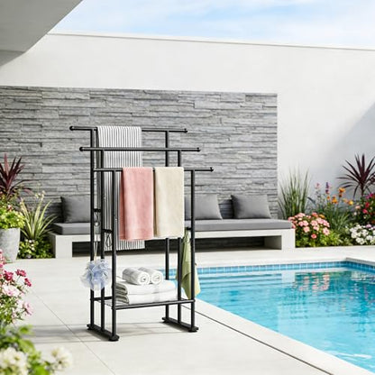 ELYKEN 3 Tier Standing Towel Rack, 40'' Tall Towel Drying Rack Outdoor, Freestanding Floor Towel Rack with Shelf, Pool Towel Blanket Stand, Metal Towel Racks for Bathroom freestanding, Matte Black - color: Black
