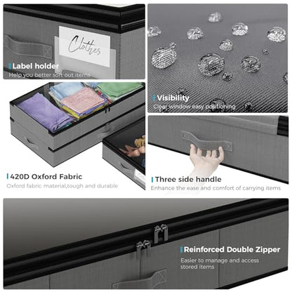 【4 compartments】2 Pack Under Bed Storage, Double Layer Extensible Underbed Storage Containers,Dust-free Clothes Storage Bins with Sturdy Sidewalls/Bottom,PVC Clear Window for Shoes Storage Organizer