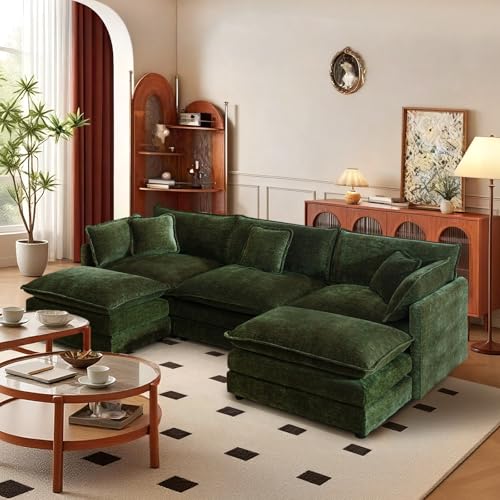 SoarFlash Chenille Sectional Sofa, Comfy L Shaped Modular Coush Sofa with Ottoman, Modern 3 Seat Couch Deep Seat Sofa Set for Living Room,Green - color: Green, size: 3 Seat+2 Ottoman