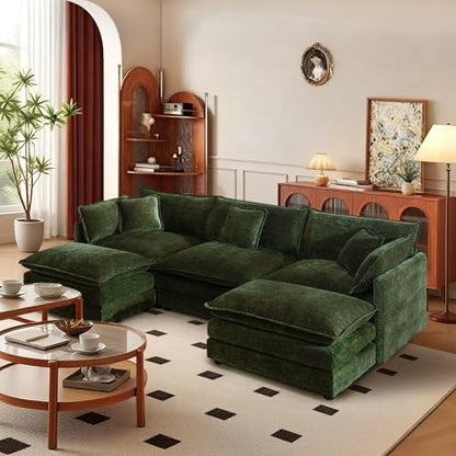 SoarFlash Chenille Sectional Sofa, Comfy L Shaped Modular Coush Sofa with Ottoman, Modern 3 Seat Couch Deep Seat Sofa Set for Living Room,Green - color: Green, size: 3 Seat+2 Ottoman