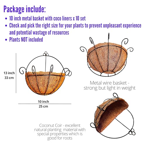 ShopLaLa Wall Planters Outdoor Plants (10 Pack, 10 Inch) Balcony Planters Railing Hanging Fence Planter Over Railing Planters Coco Liner, Wall Mounted Flower Basket Metal Wire Deck Porch Patio Garden - size: 10" (25cm) x 10 Pack