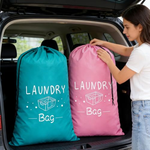 2 Pack XL Travel Laundry Bag, Dirty Clothes Organizer with Drawstring, Large Enough to Hold 4 Loads of Laundry， Easy Fit a Laundry Hamper or Basket，24" x 36" (Blue+ Pink) - color: Blue+Pink